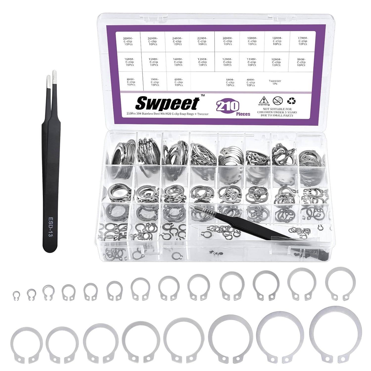 Swpeet 211Pcs 21 Sizes M4-M28mm Stainless Steel C-Clips External Circlip Snap Re