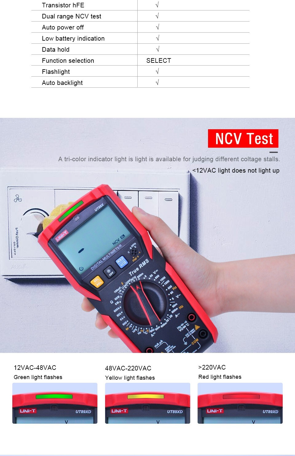 UNI-T TRMS Digital Multimeter AC DC Voltmeter Ammeter Ohmmeter Temp Cap NCV Test