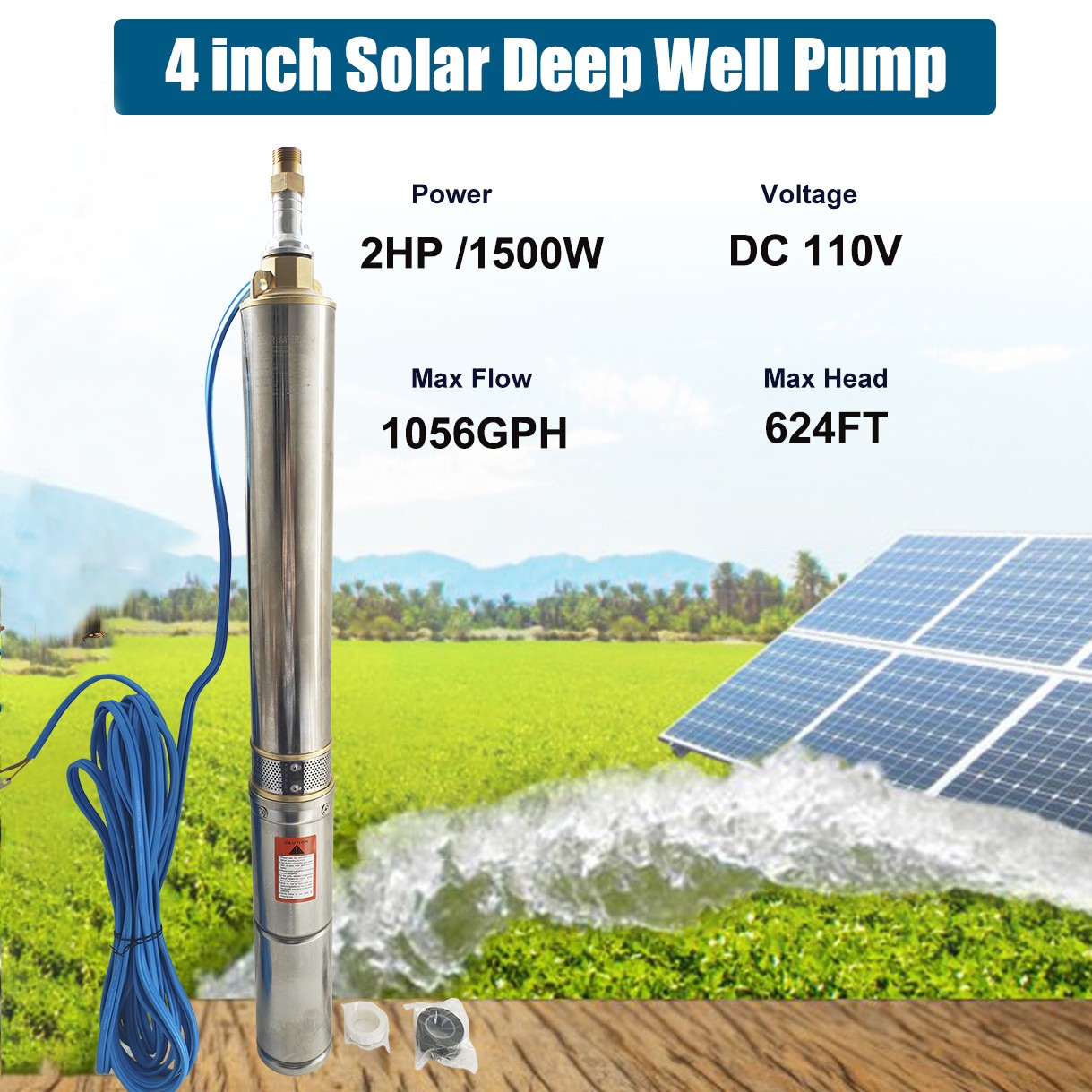1/2 HP 4″ Deep Well Submersible Pump, 110V, 60Hz, 25GPM, 150 ft Max,33ft Cord