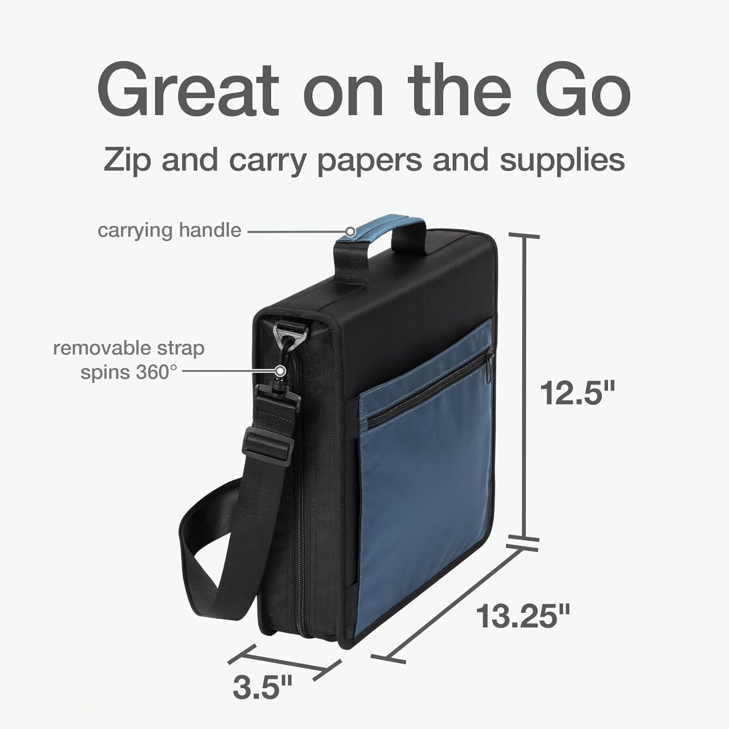 Zipper Binder with Pockets, 3 Inch round Rings, 3 Inch, Black/Blue