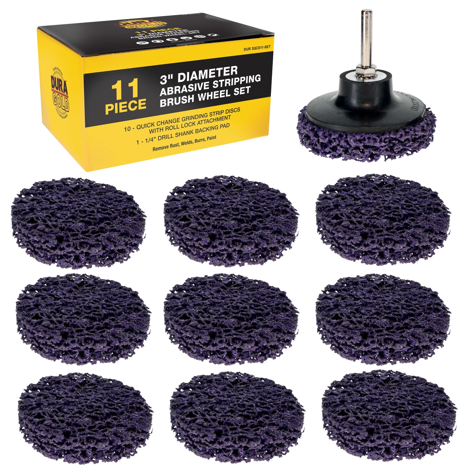 Dura-Gold 11 pc 3″ Diameter Abrasive Stripping Brush Wheel Set with Backing Pad