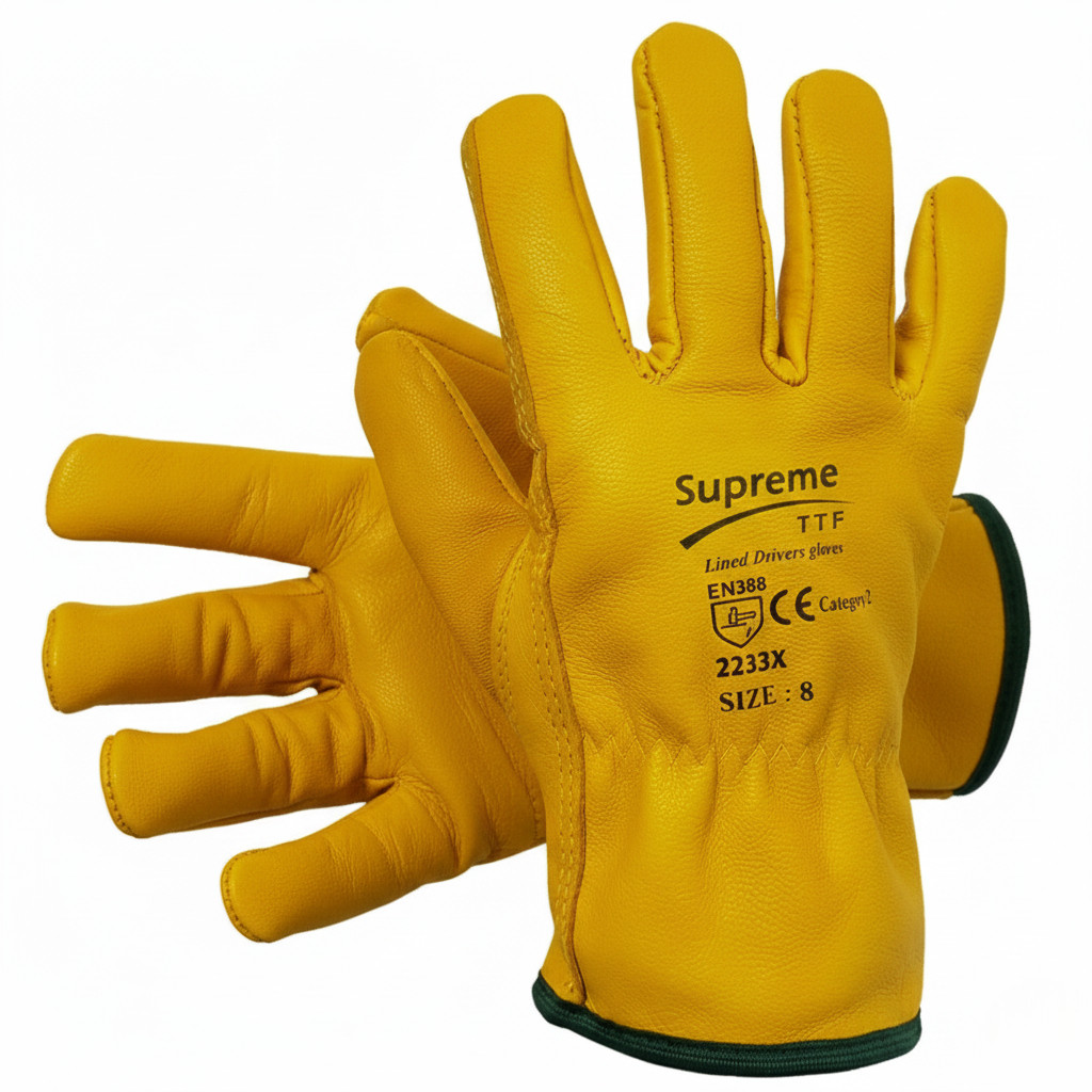 2 Pairs Lined Cow Grain Leather Yellow Work Gloves, Driver Gloves