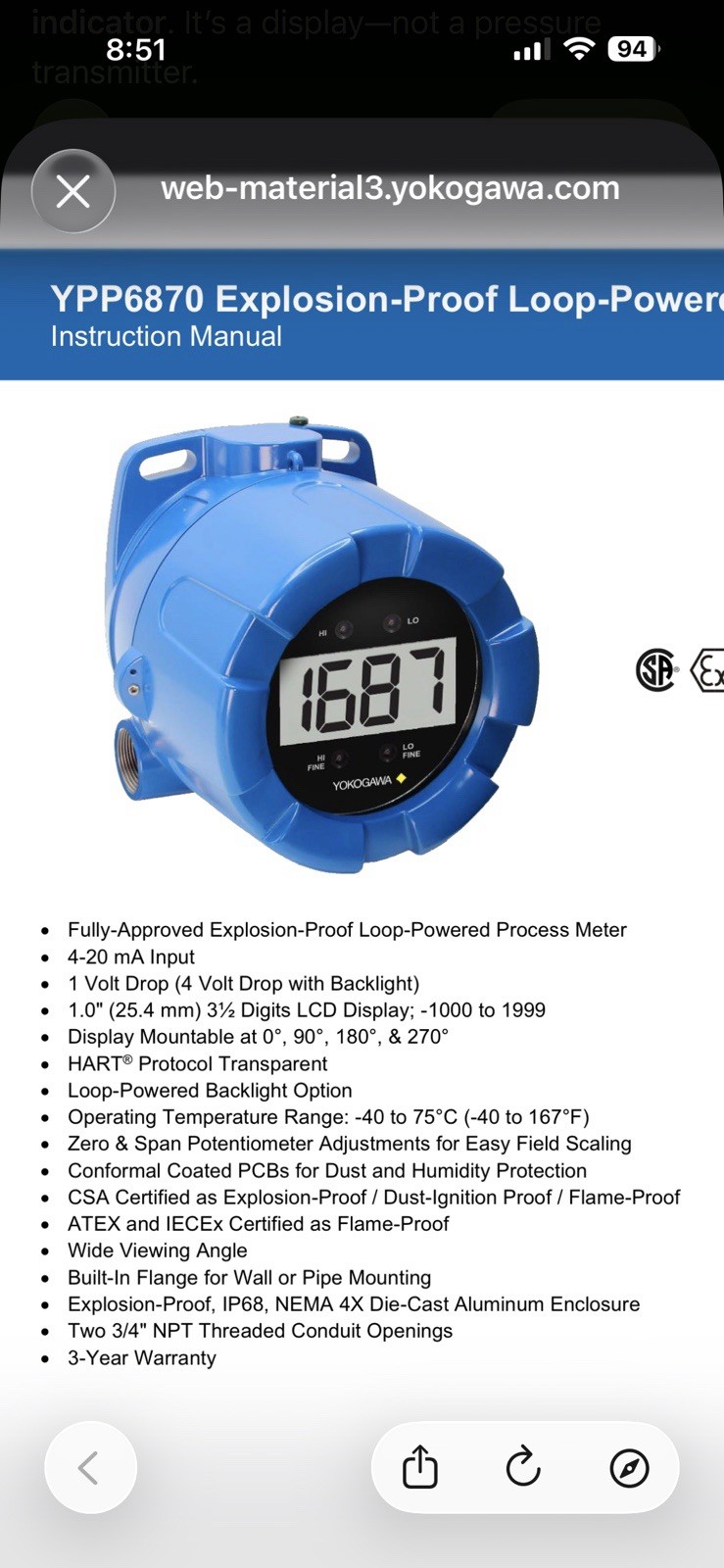 Yokogawa YPP6870-0K0 Ex-Proof Process Panel Meters
