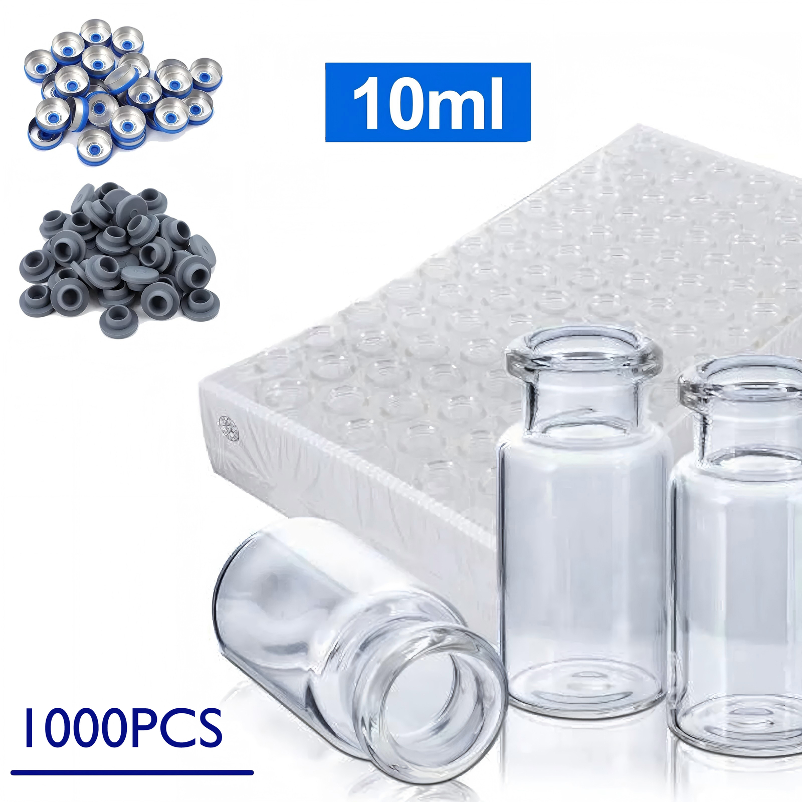 1000Pcs 10ml Vials Glass Clear w/ Plastic-Aluminum Caps and Rubber Stoppers USA