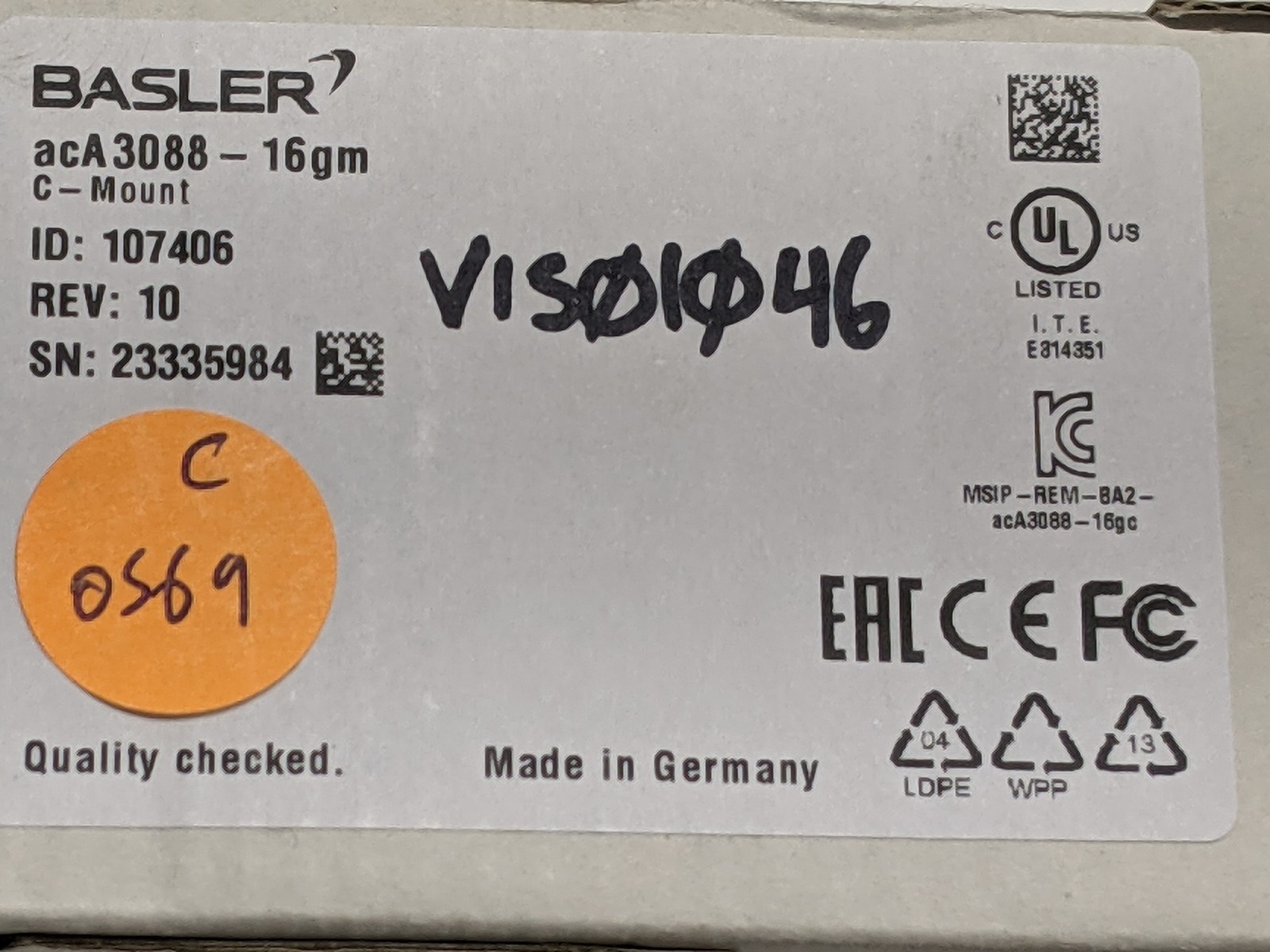 Basler acA3088-16gm 6.3MP Mono GIGE POE C-Mount Industrial Machine Vision Camera
