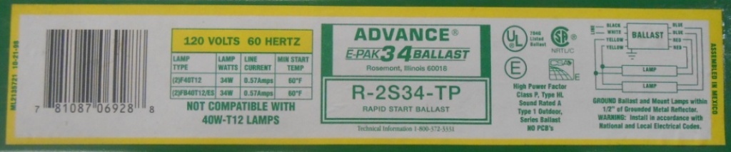 ADVANCE TRANSFORMER CO, E-PAK 34 BALLAST, R-2S34-TP, 120 VOLTS, 60 HZ, 34 WATTS