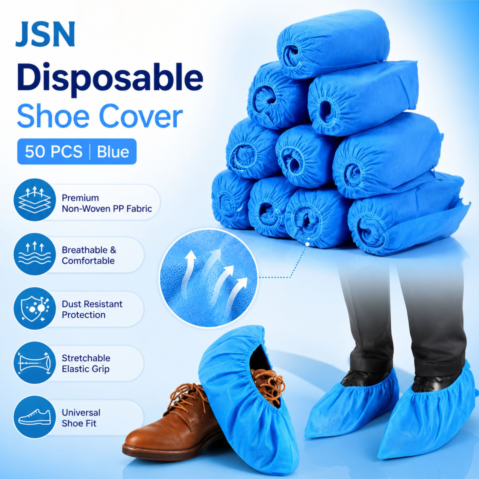 JSN Shoe Cover 50 PCS Non Woven Polypropylene PP Fabric High Ankle Shoe Covers
