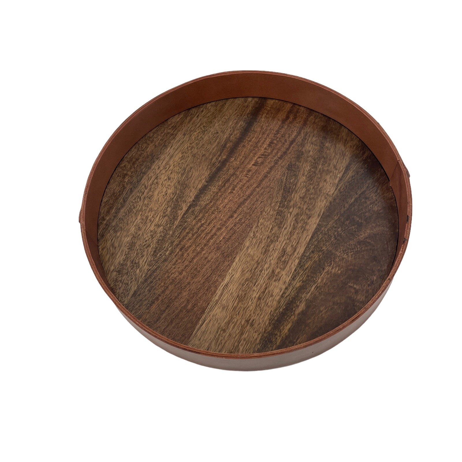 Vintage Wood and Leather 14″ Round Tray Handmade MCM Mid Century 4 lbs Any Room