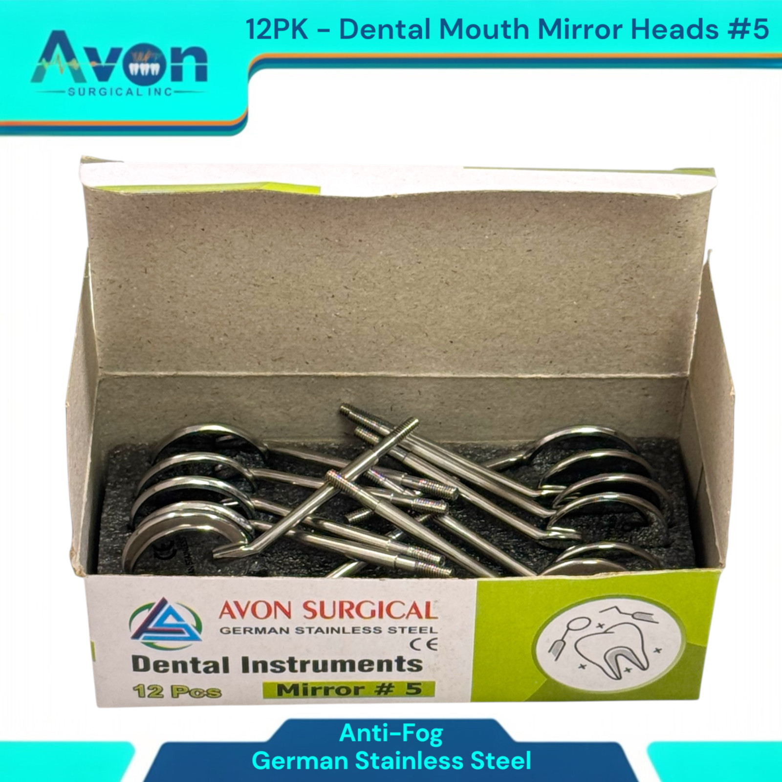 Dental Mouth Mirror Heads #5, Anti-Fog, Cone Socket | Stainless Steel (12PK)