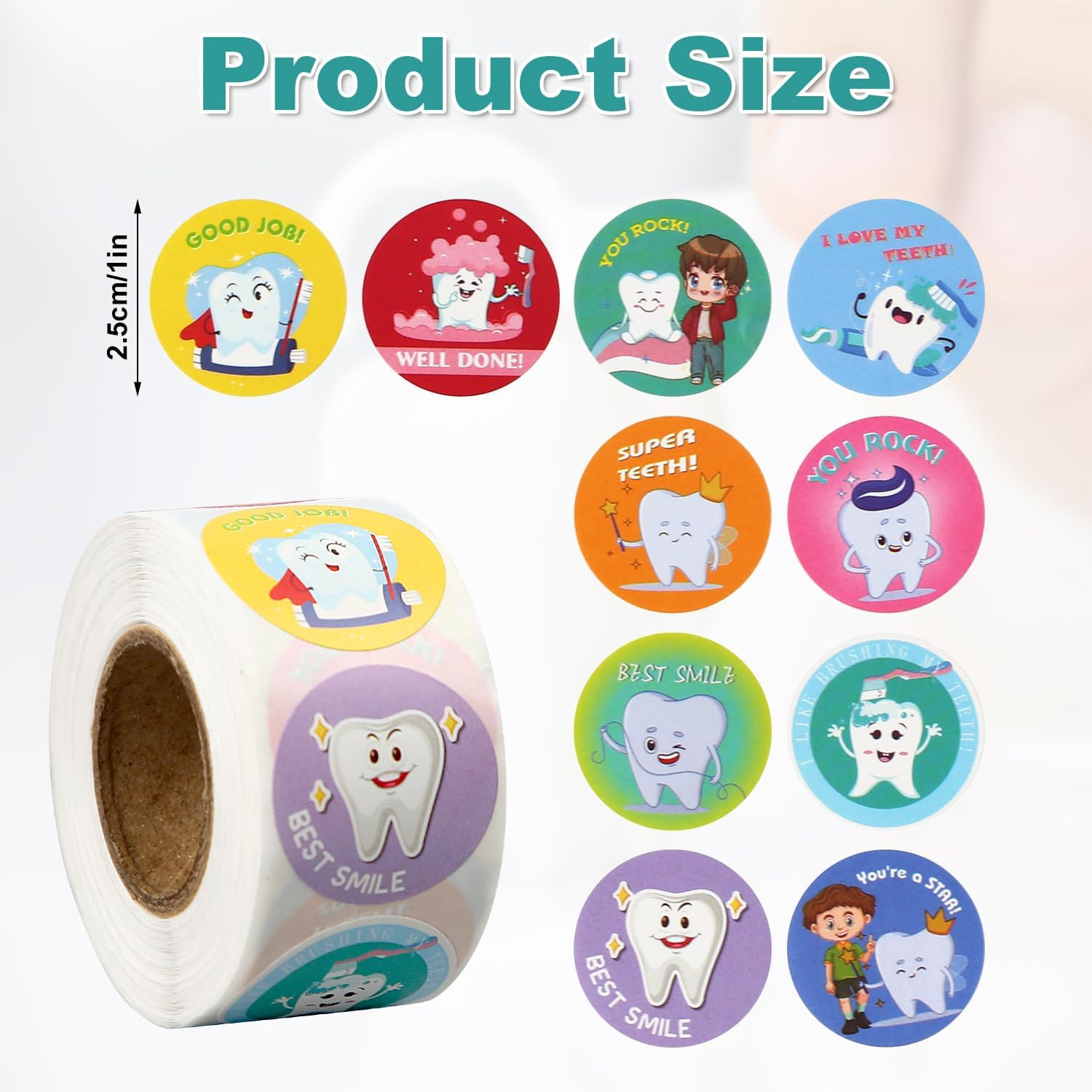 500Pcs Dental Stickers, 1 Inch round Cute Tooth Reward Decals Dental Prizes for