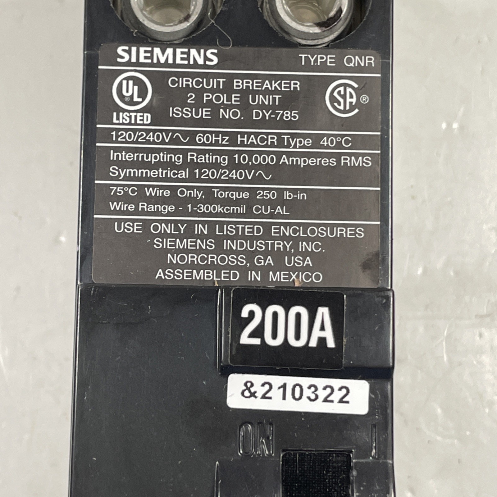 (READ MORE) Siemens QN2200R 200 Amp 2 Pole 240V Circuit Breaker QNR 200A DY-785