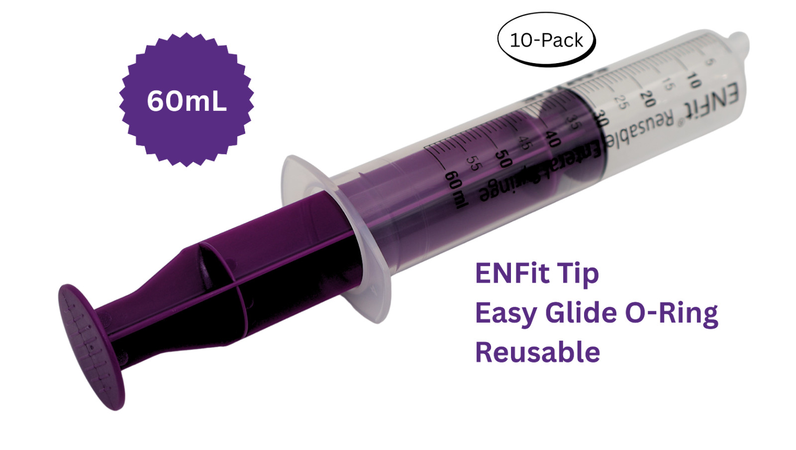 ENFit syringe, 60mL, O-Ring, Reusable Easy Glide Plunger, Pack of 10
