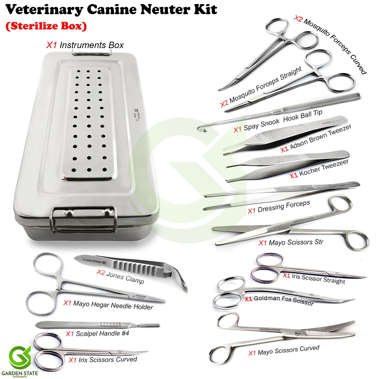 Veterinary Spay & Castration Surgery Kit Scissors Needle Holder Hook Clamp Box