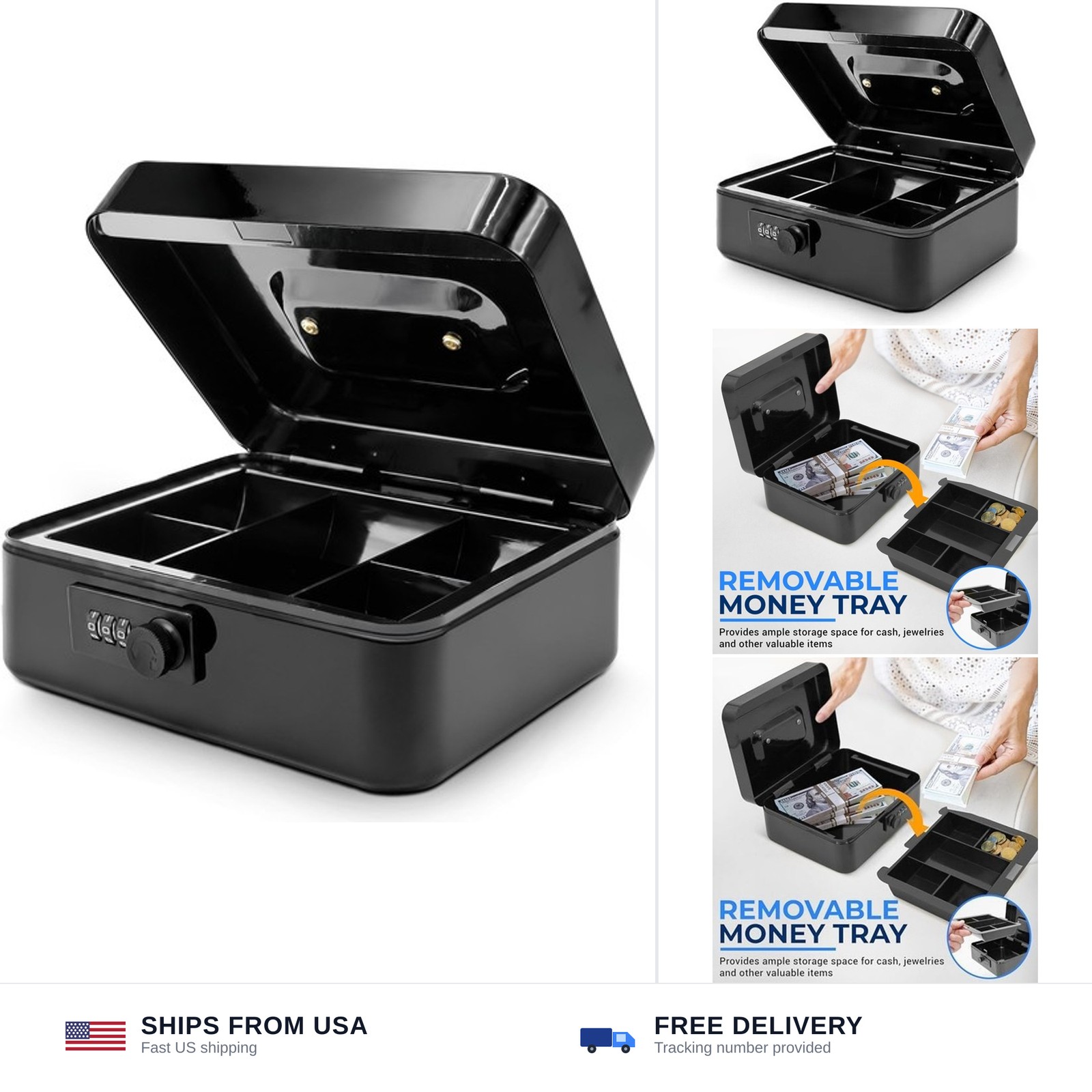 SereneLife 8″ Metal Cash Box with Lock | Cash Safe Lock Box with Money Tray |…