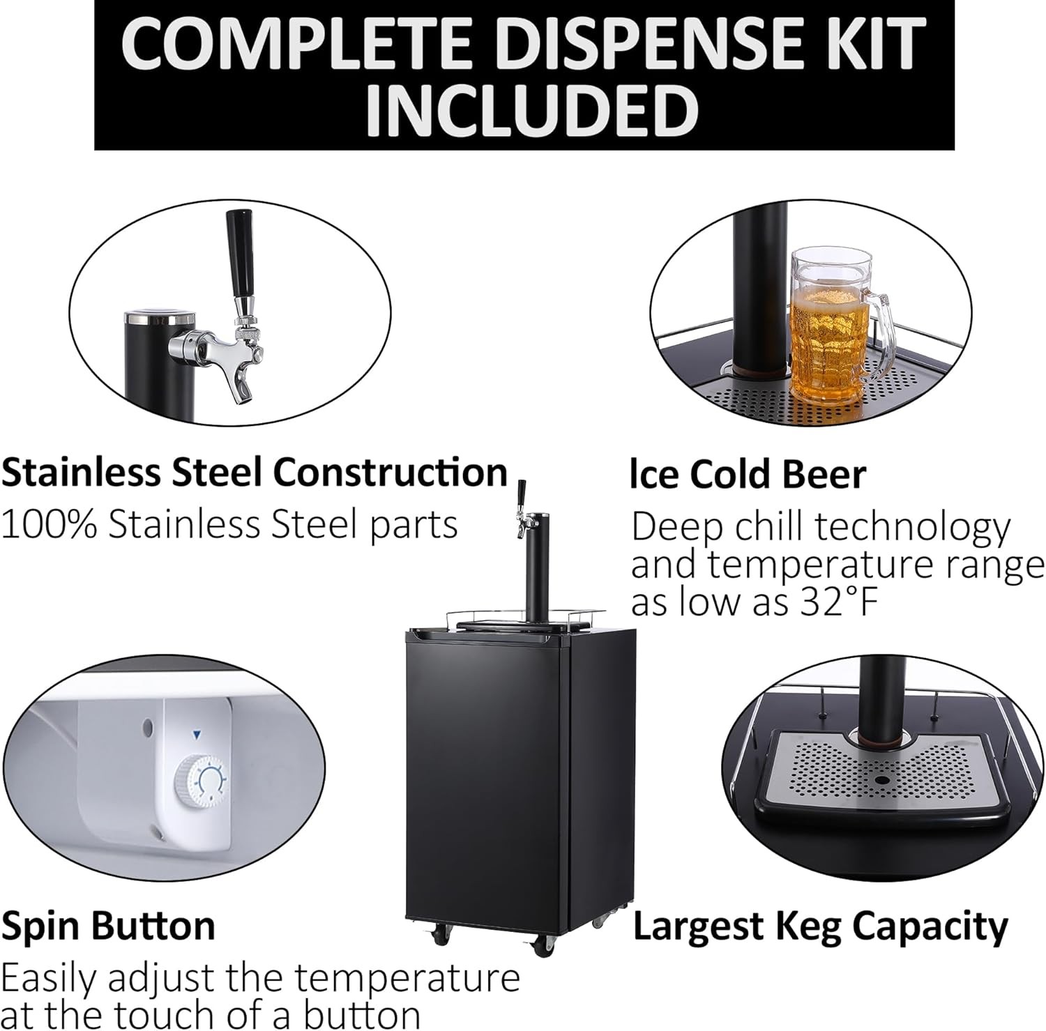 24» Full Size Kegerator Refrigerated Beer Dispenser W Faucet 32°F- 50°F 97/128L