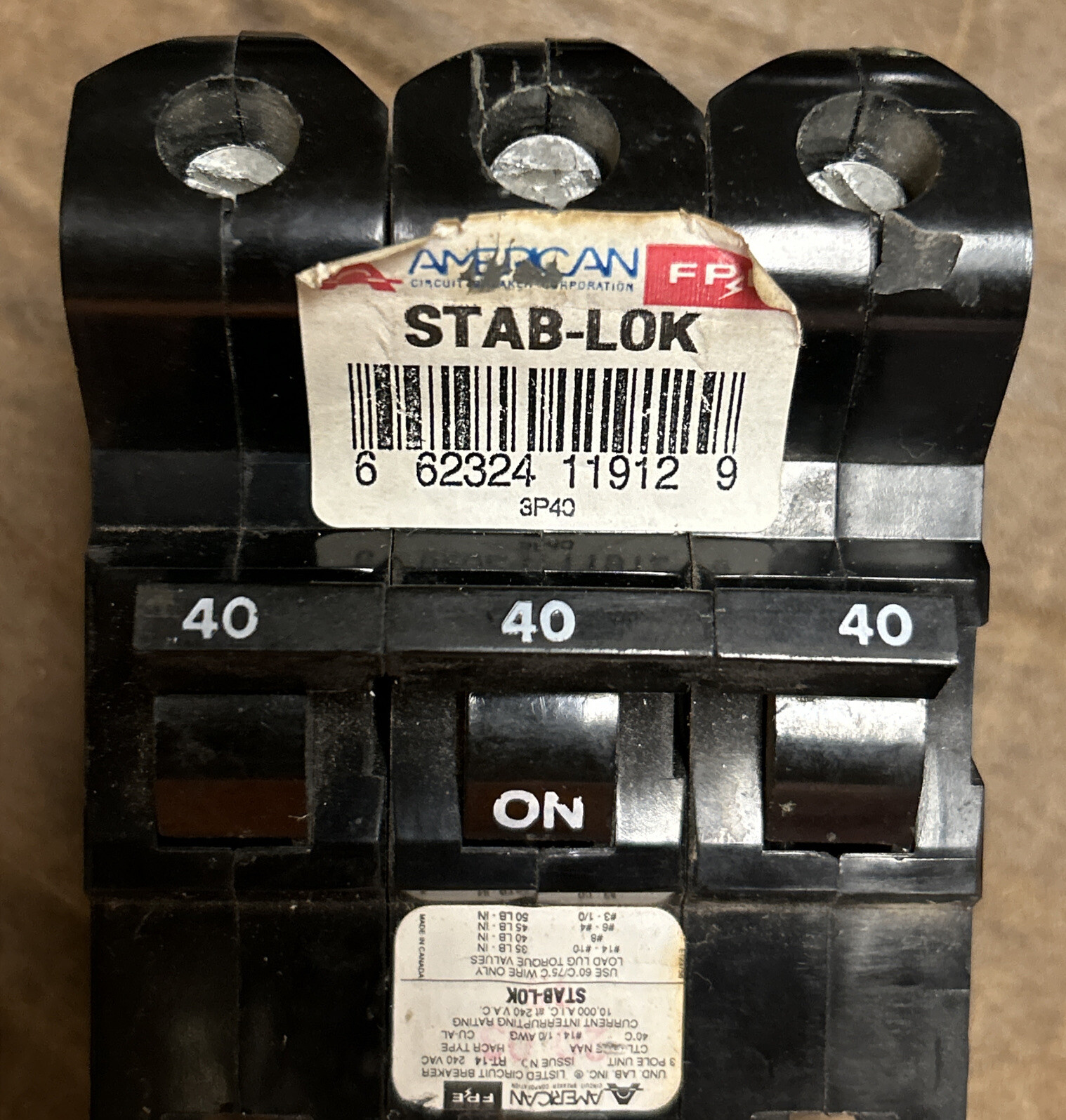 American FPE – Stab-Lok Type-NA 3-Poles 40-Amps 240-Volts-AC – 3P40 Used