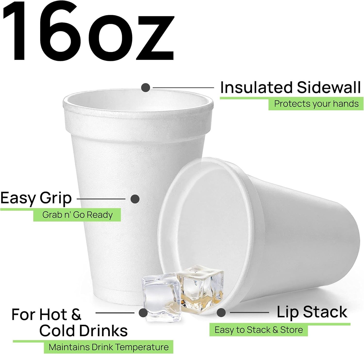 16 Oz Disposable Foam Cups (50 Pack), 50 Count (Pack of 1), 16oz – White