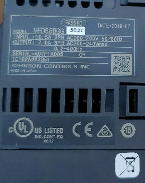 JOHNSON VFD68BGG-502C 2HP VARIABLE FREQUENCY DRIVES CONTROL 200-240/50-60/3 G3DB