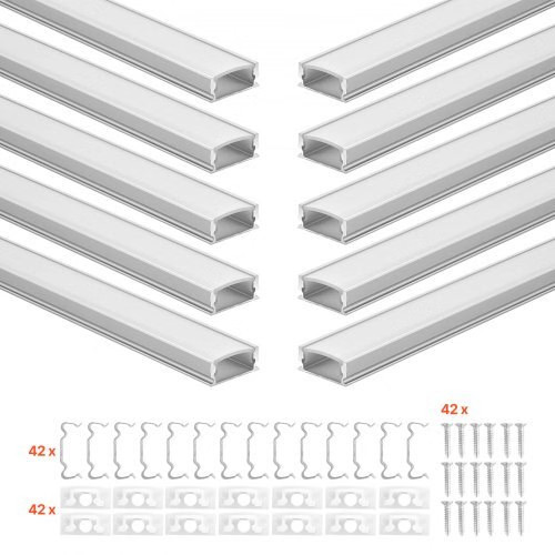 10-Pack 6.6 ft/2M U Shape LED Aluminum Channel, with Milky Cover, End Caps and