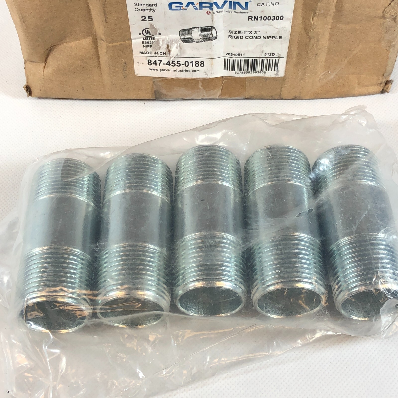 GARVIN/Southwire RN100300 – Box of 25- GALVANIZED Rigid Nipples 1″ x 3″