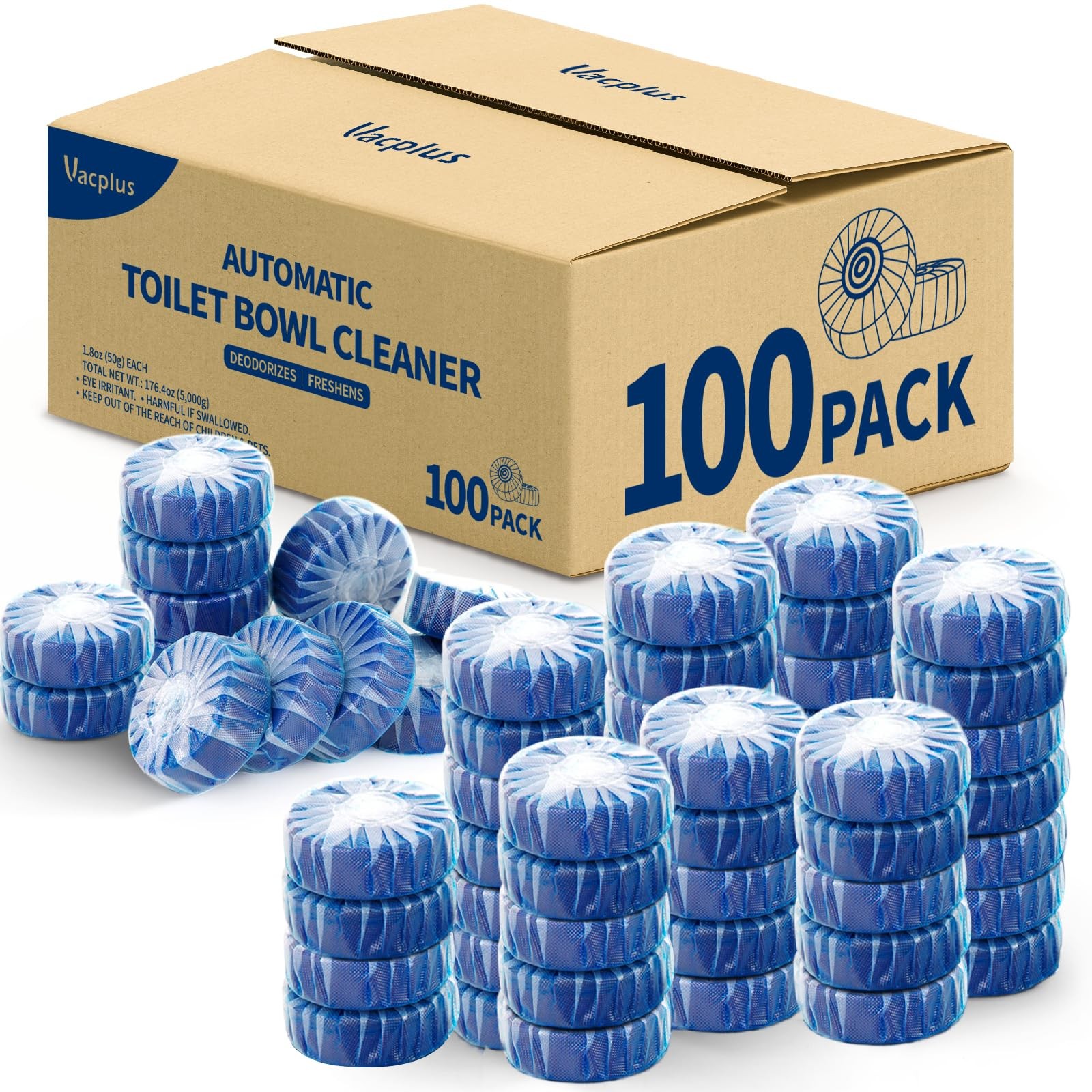 Vacplus Automatic Toilet Bowl Cleaner Tablets, 1 Count (Pack of 100), Blue