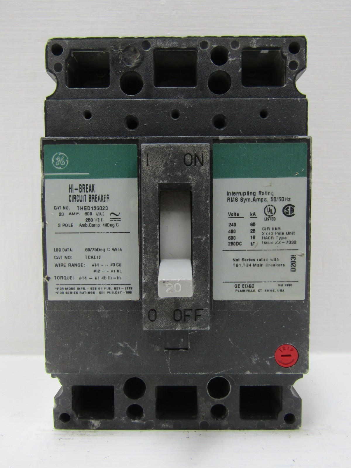 GE General Electric THED136020 20 Amp 600V 3-Pole Hi-Break Circuit Breaker 20A