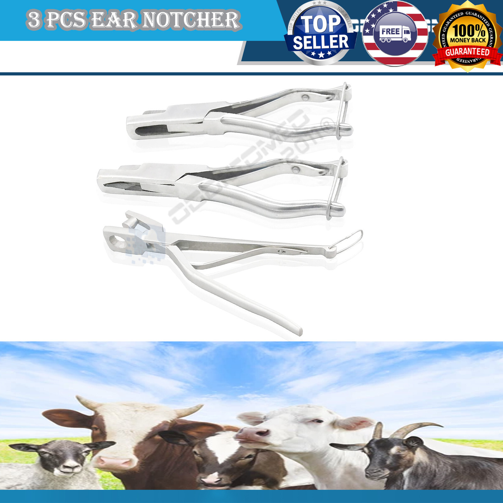 3 PC PREMIUM BULL EAR NOTCHER U V O SHAPE SHEEP GOAT COW BUFFALO HORSE DOG ODM