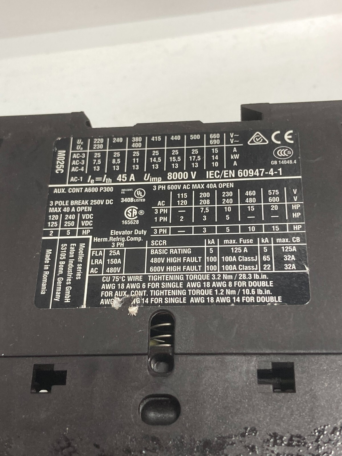 EATON DILM25-01 (XTCE025C01) CONTACTOR 45A 600V 3 POLE 250VDC