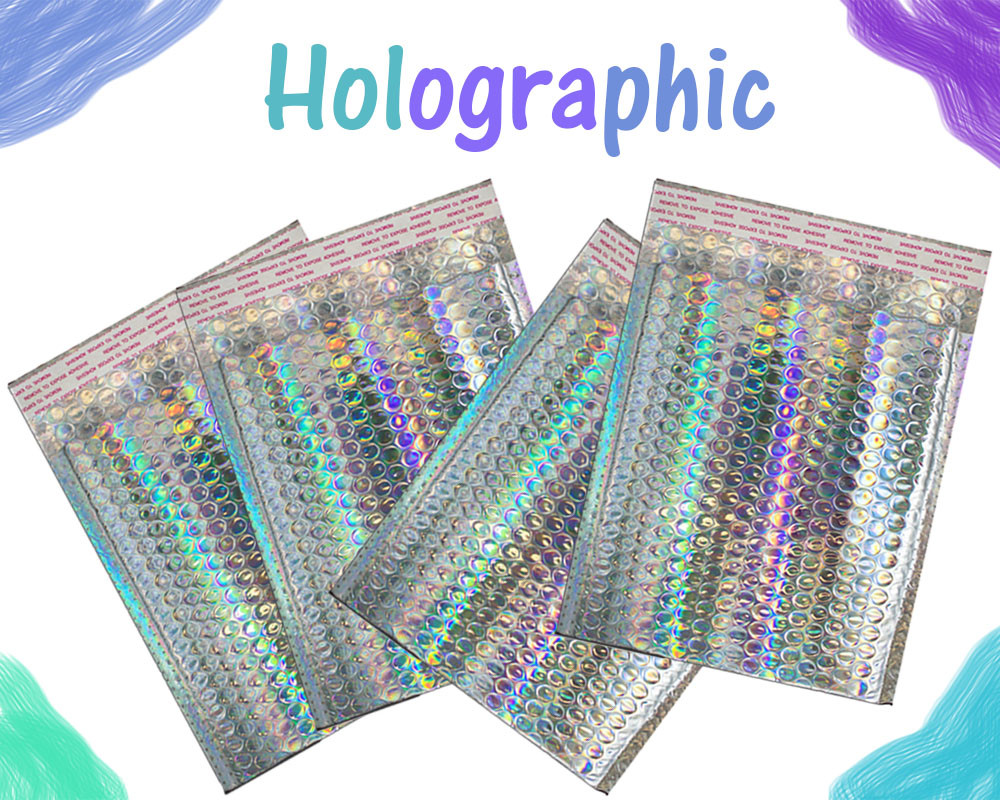 5X9″ 6X10, 8.5X12, 9.5X13″ Holographic Bubble Mailers, Metallic Padded Envelope