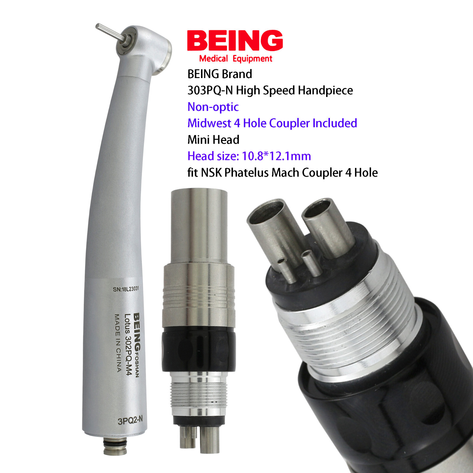 BEING Dental High Speed Handpiece Turbine Fiber Optic NSK Phatelus Mach Coupling