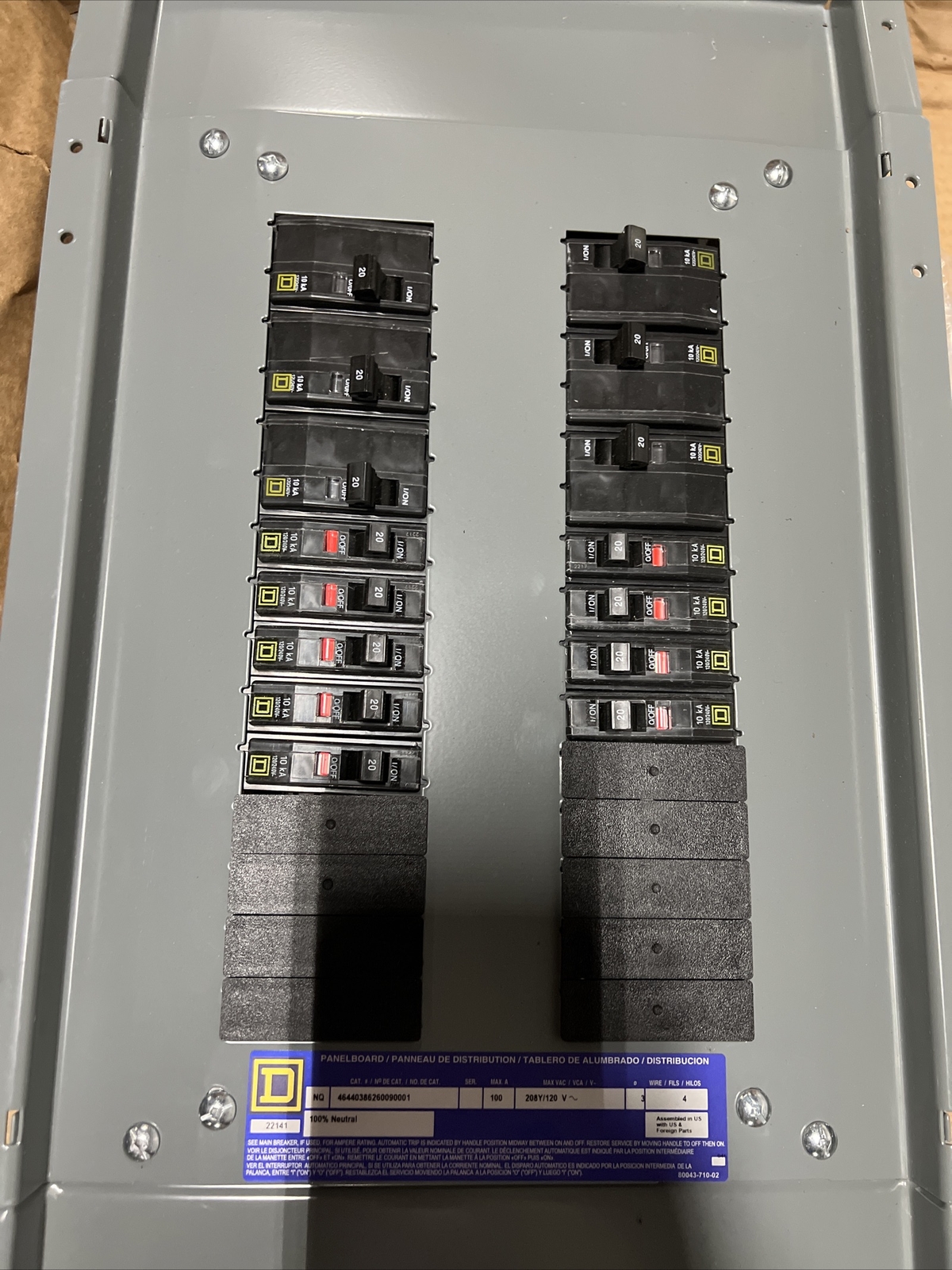 SQD NQ PANELBOARD MAIN BREAKER, 100AMPS 3 PHASE 4WIRE, 208Y/120Volt 30 SPACE