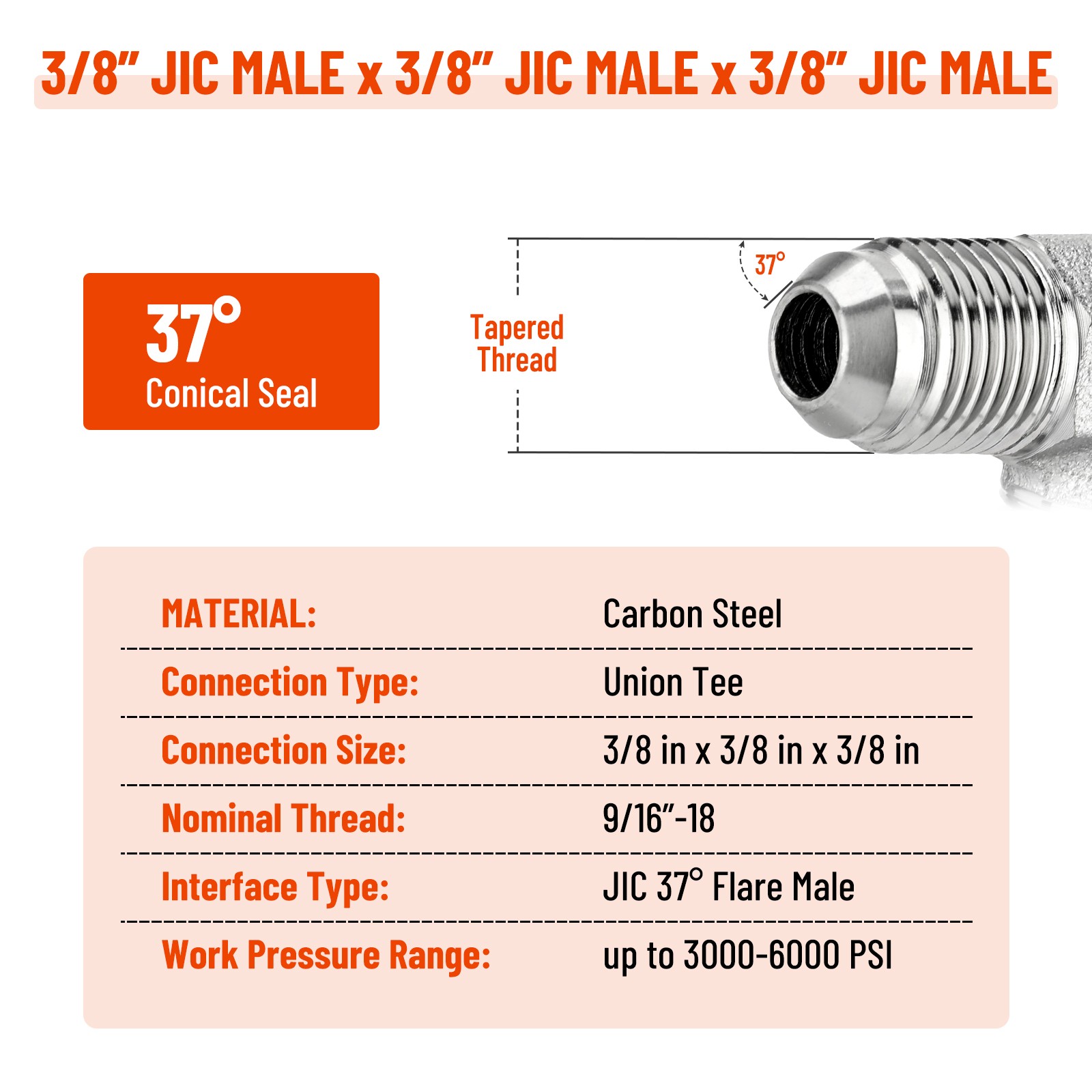 5PCS JIC Male 37° Flare Union Tee Hydraulic Fittings 3/8″ JIC Male x Male x Male