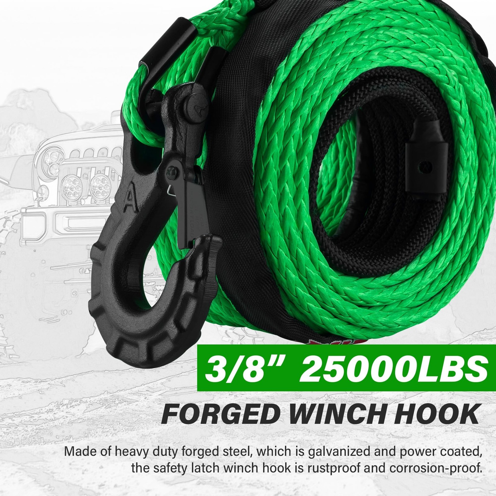 TYT Synthetic Winch Rope 3/8″ X 92′ with Hook, 27000LBS Synthentic Winch Cabl…