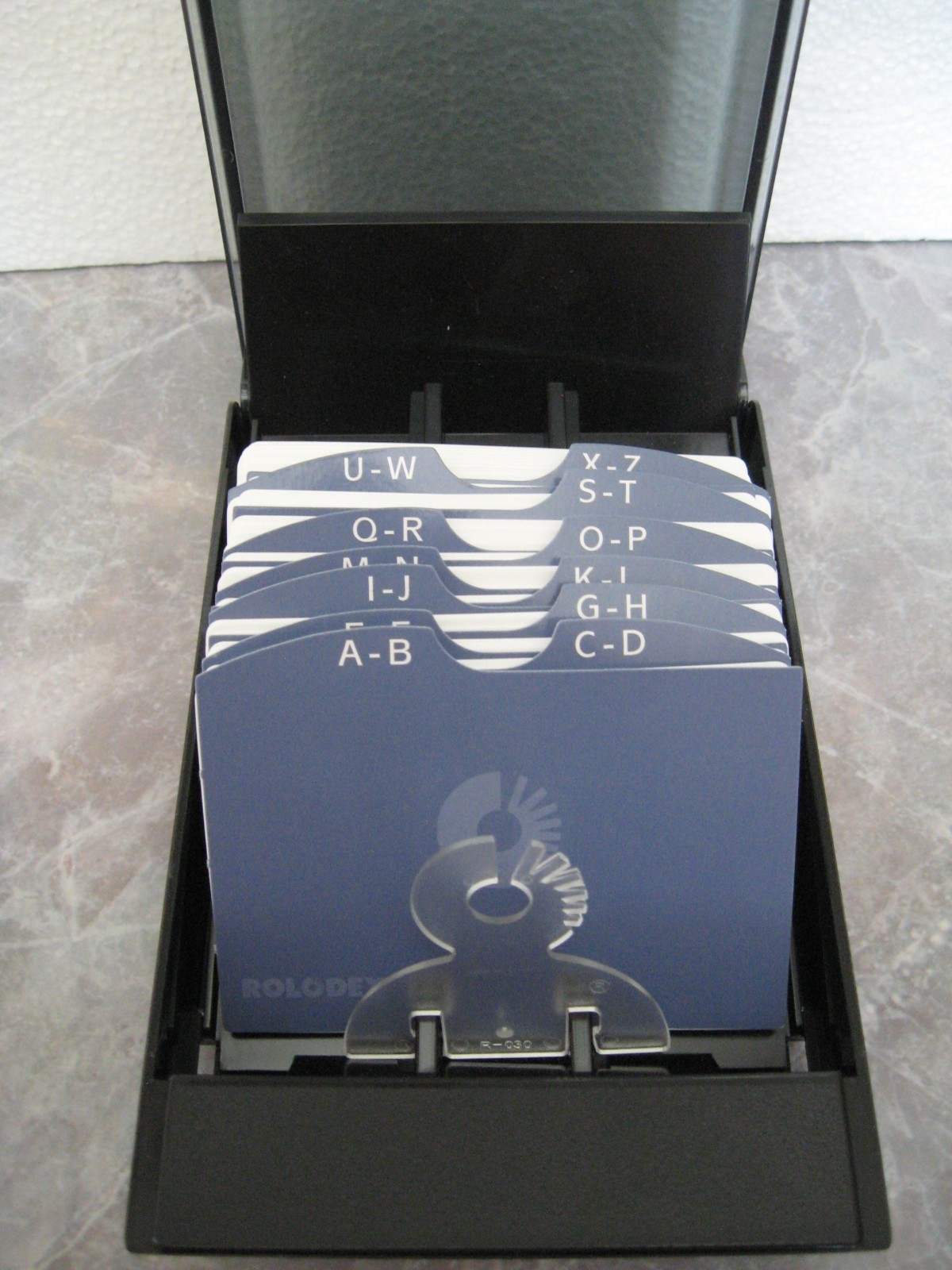Vtg. Smoked Covered Rolodex Card File R-030 Blank Cards Black w Blue Cards