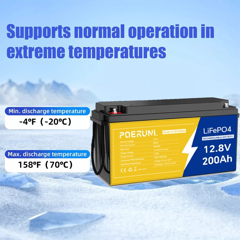POERUNI 200Ah LiFePO4 Lithium Battery 12V 200Ah BMS Deep Cycle for RV Off-grid