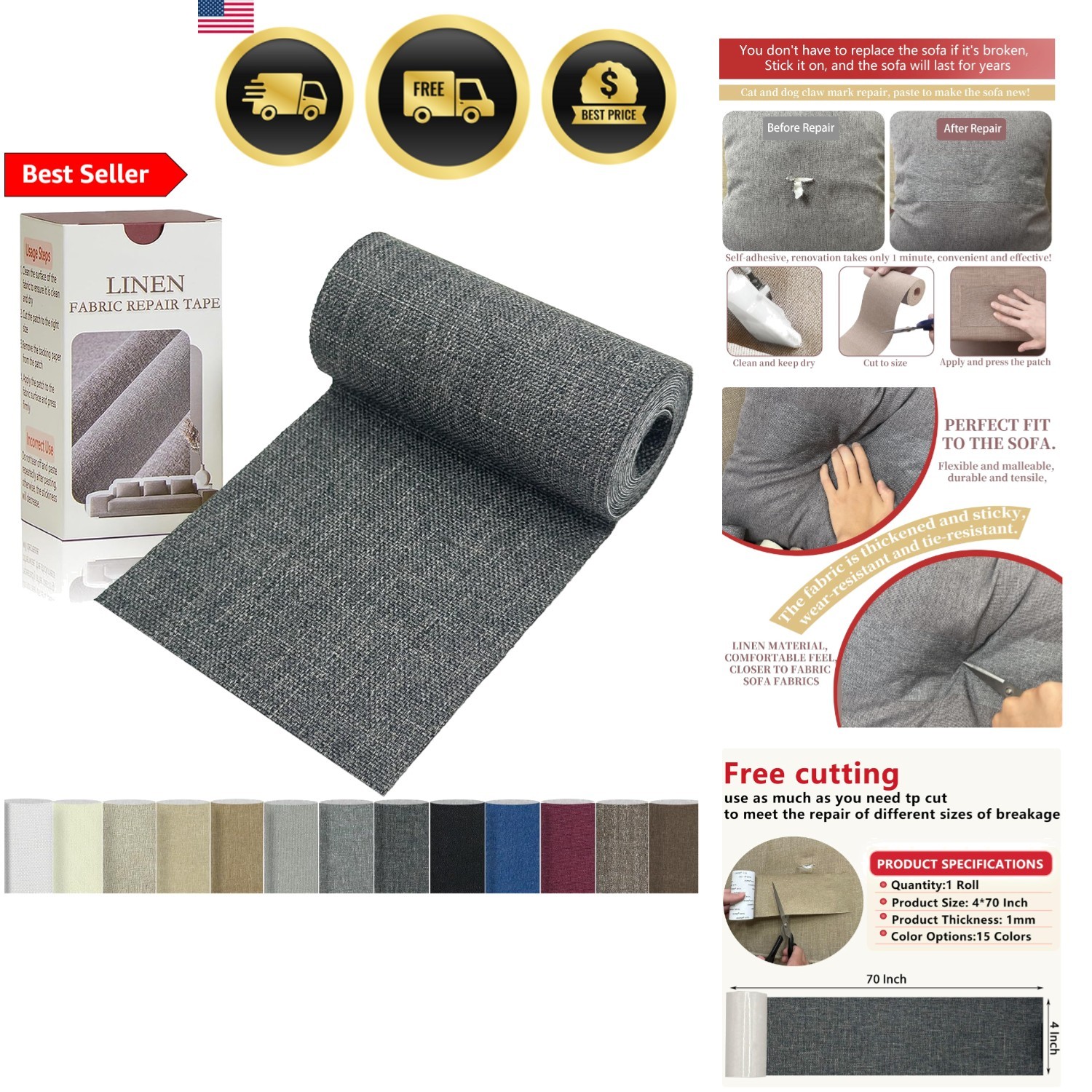 Linen Repair Tape Fabric Patch Self Adhesive Furniture Sofa Bed Curtain Grey …