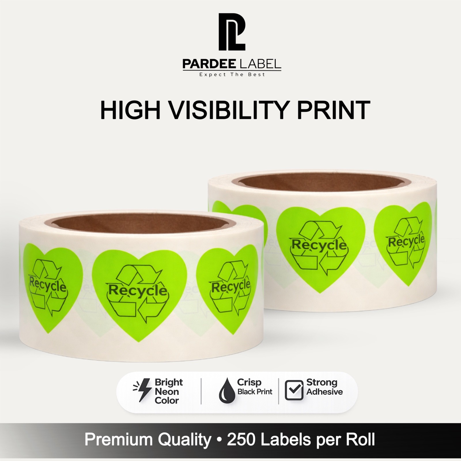 Heart Recycle Stickers Neon Green 1-3/4” 250 Labels per Roll