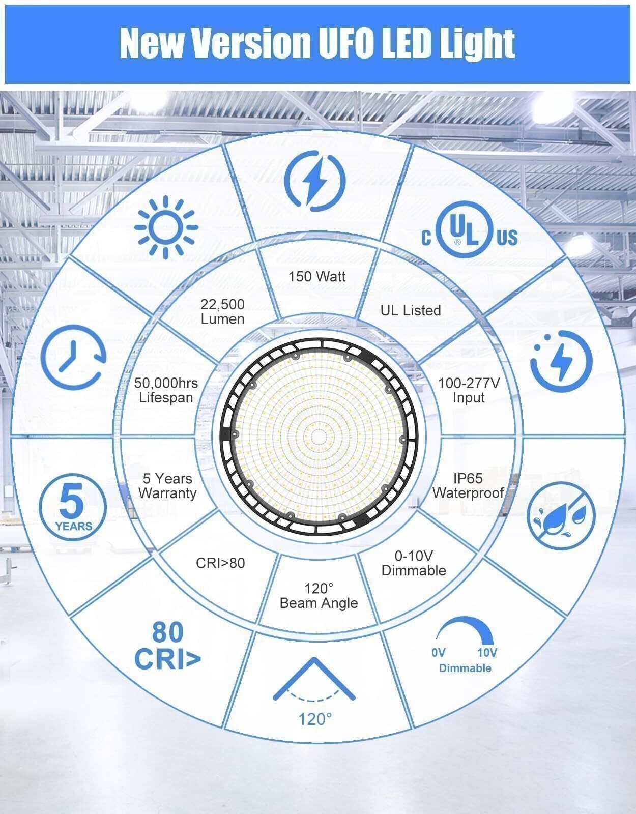 150W UFO Led High Bay Light Commercial Warehouse Factory Shop Lighting 22,500LM