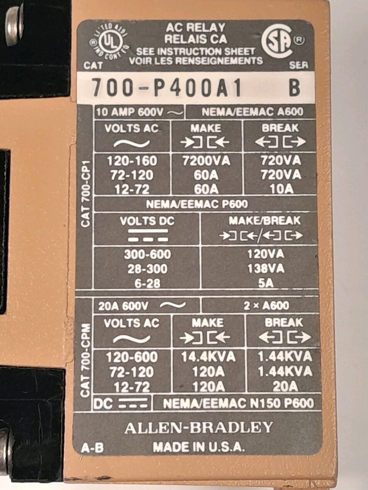 Allen Bradley 700-P400A1 AC 12 Pole Relay 10A 600V Type P