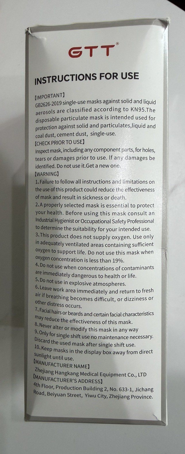 GTT KN95 Black Disposable Particulate Masks Individually Wrapped 50 Pack