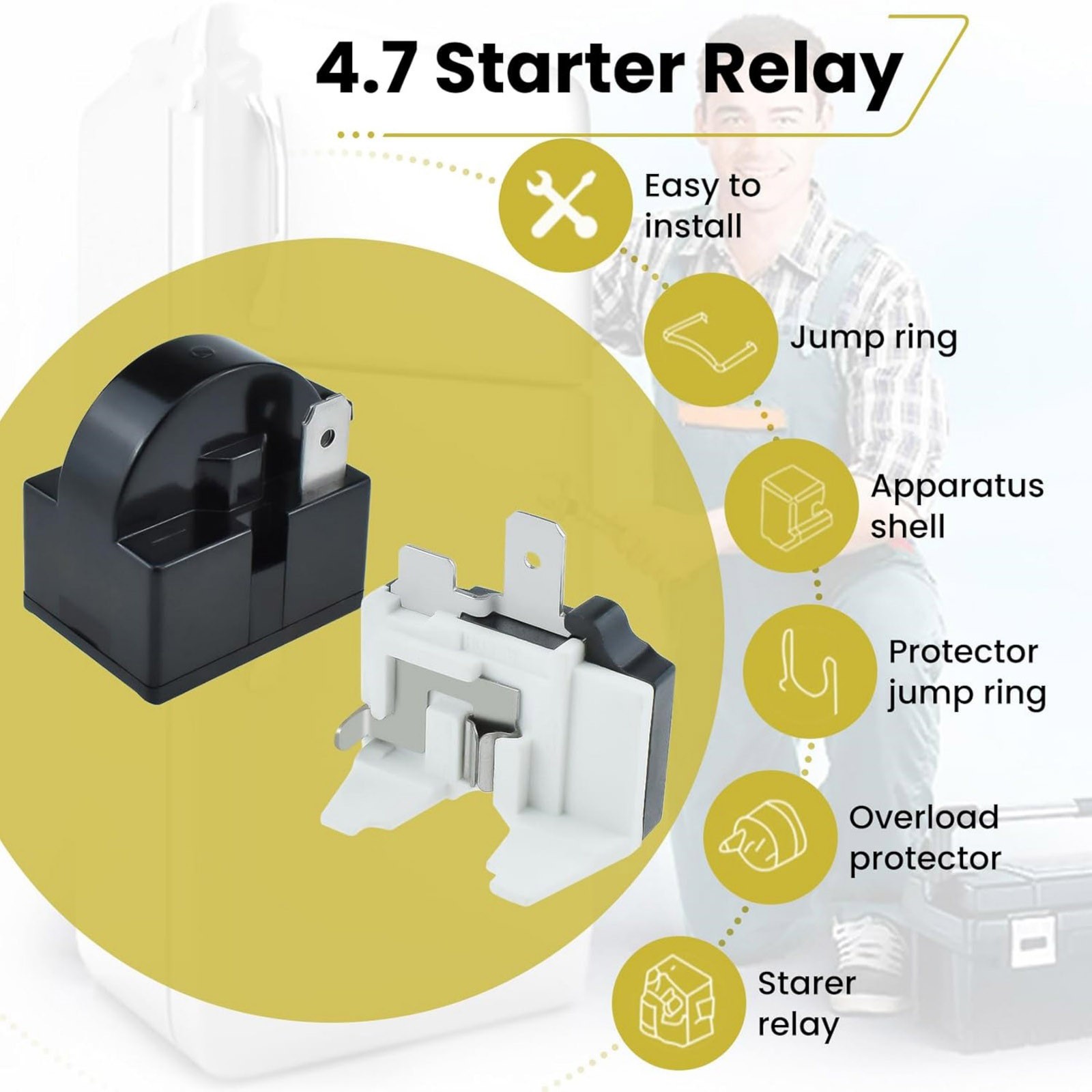 Starter Relay And Overload Protector Kit 1 Pin 4.7 Ohm For Refrigerator Repair