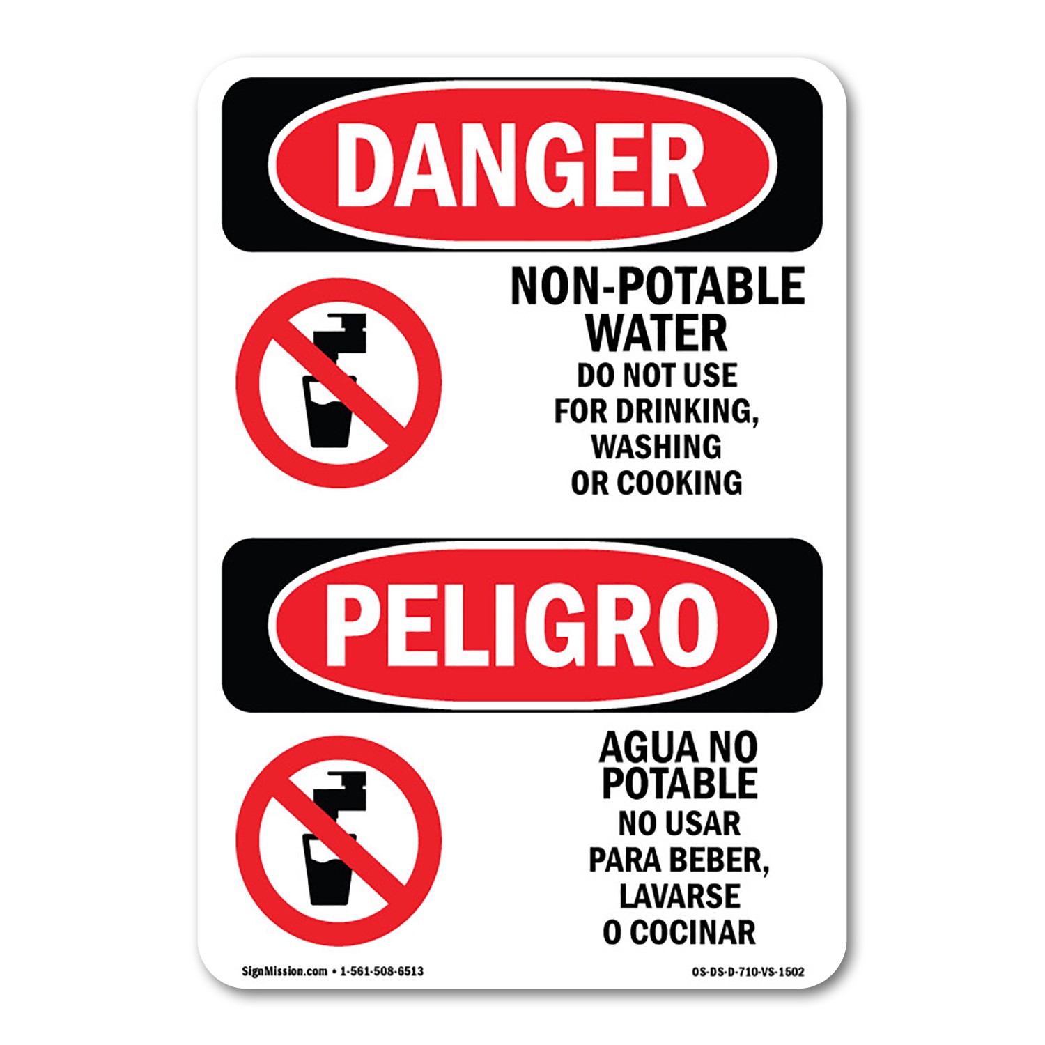 Non-Potable Water No Drinking Bilingual ANSI Danger Sign Metal Plastic Decal