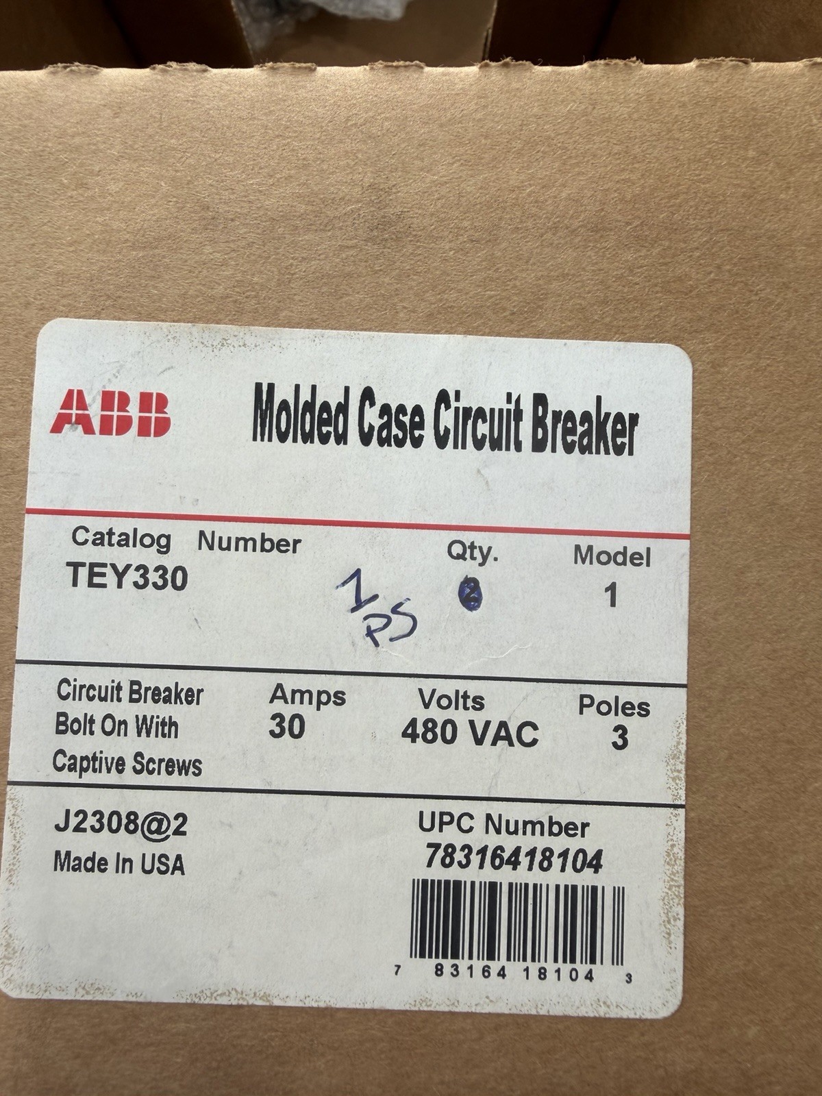 GE ABB TEY330 30A 3‑Pole Circuit Breaker 480Y/277V New Surplus UL