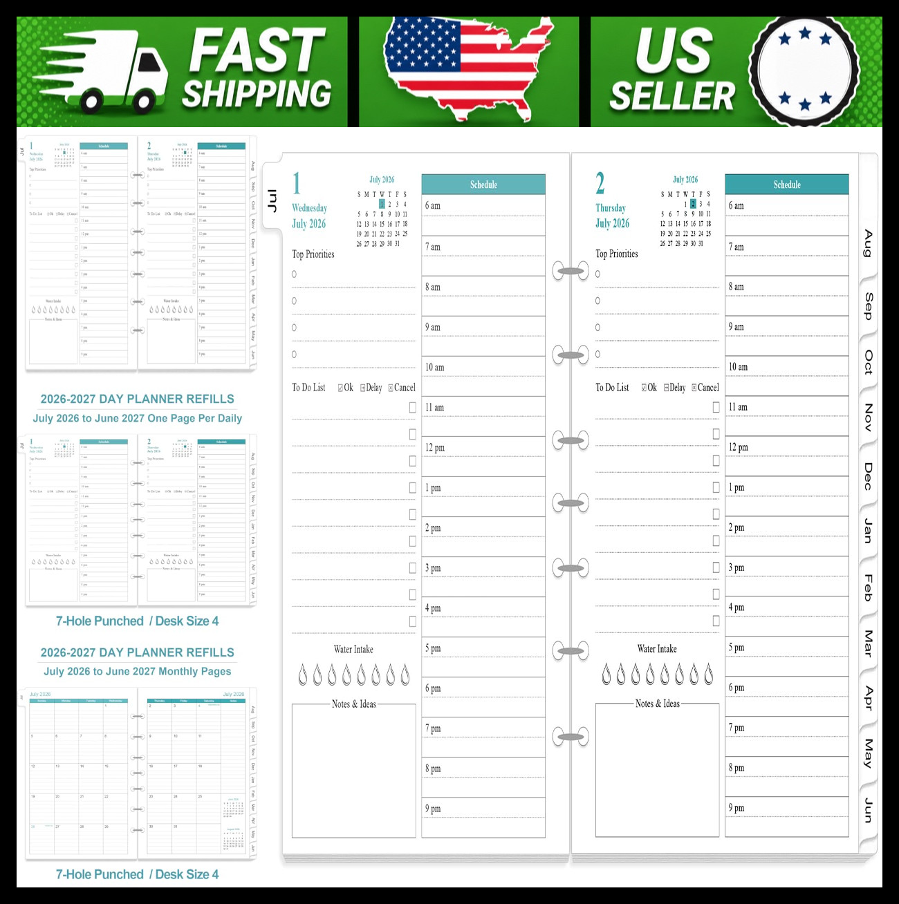 2026-2027 Daily Monthly Planner Refills 1 Page Per Day 7-Hole Punched