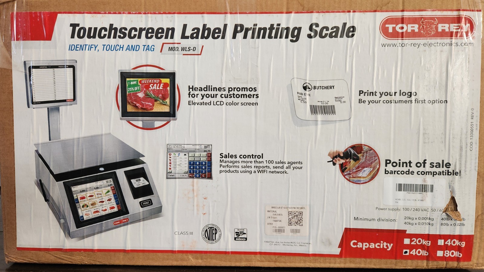 Tor Rey WLS-40L 40 lb. WiFi Thermal Label Printing Scale, Legal for Trade