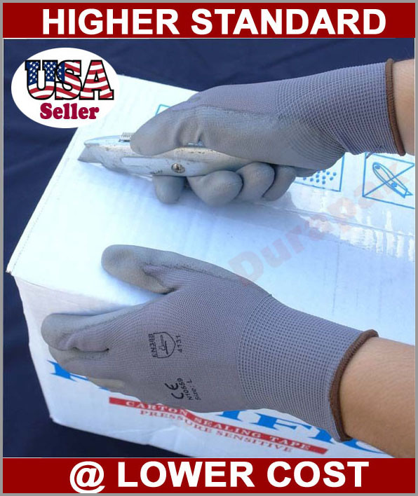 144 Pair Gray Nylon Gloves w/ Gray Polyurethane (PU) Palm Coating S, M, L, XL