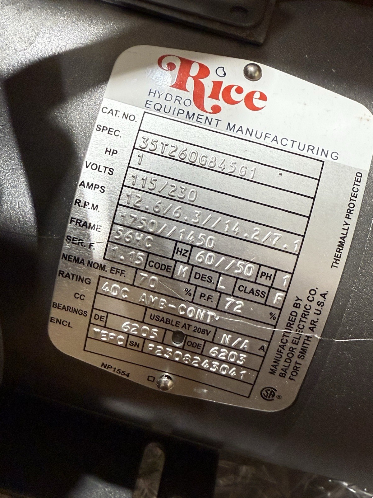 ABB Rice 35T260G845G1 Pump Motor 1HP 115V/230V 1750/1450 RPM New