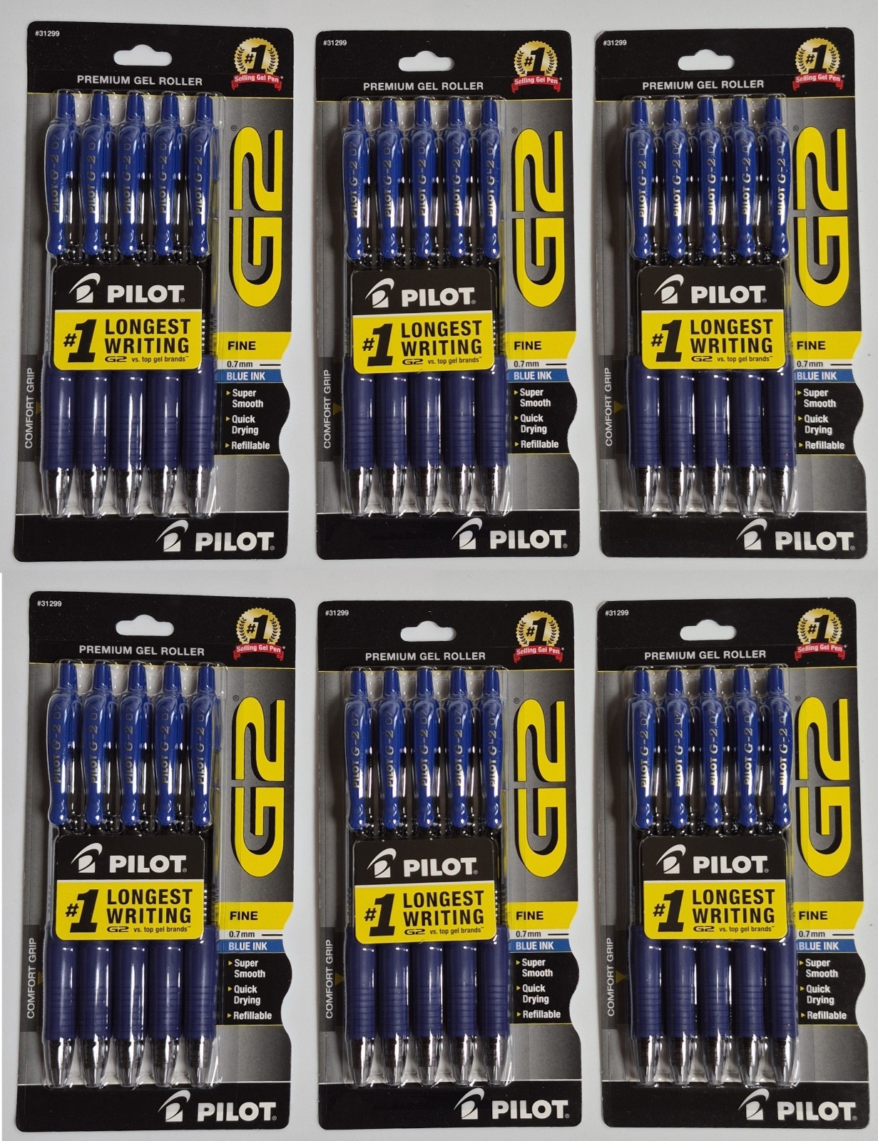 30 TOTAL Pilot G2 Gel Pens Blue Ink Fine 0.7mm 6 Packs of 5 Pens, Sealed, NEW