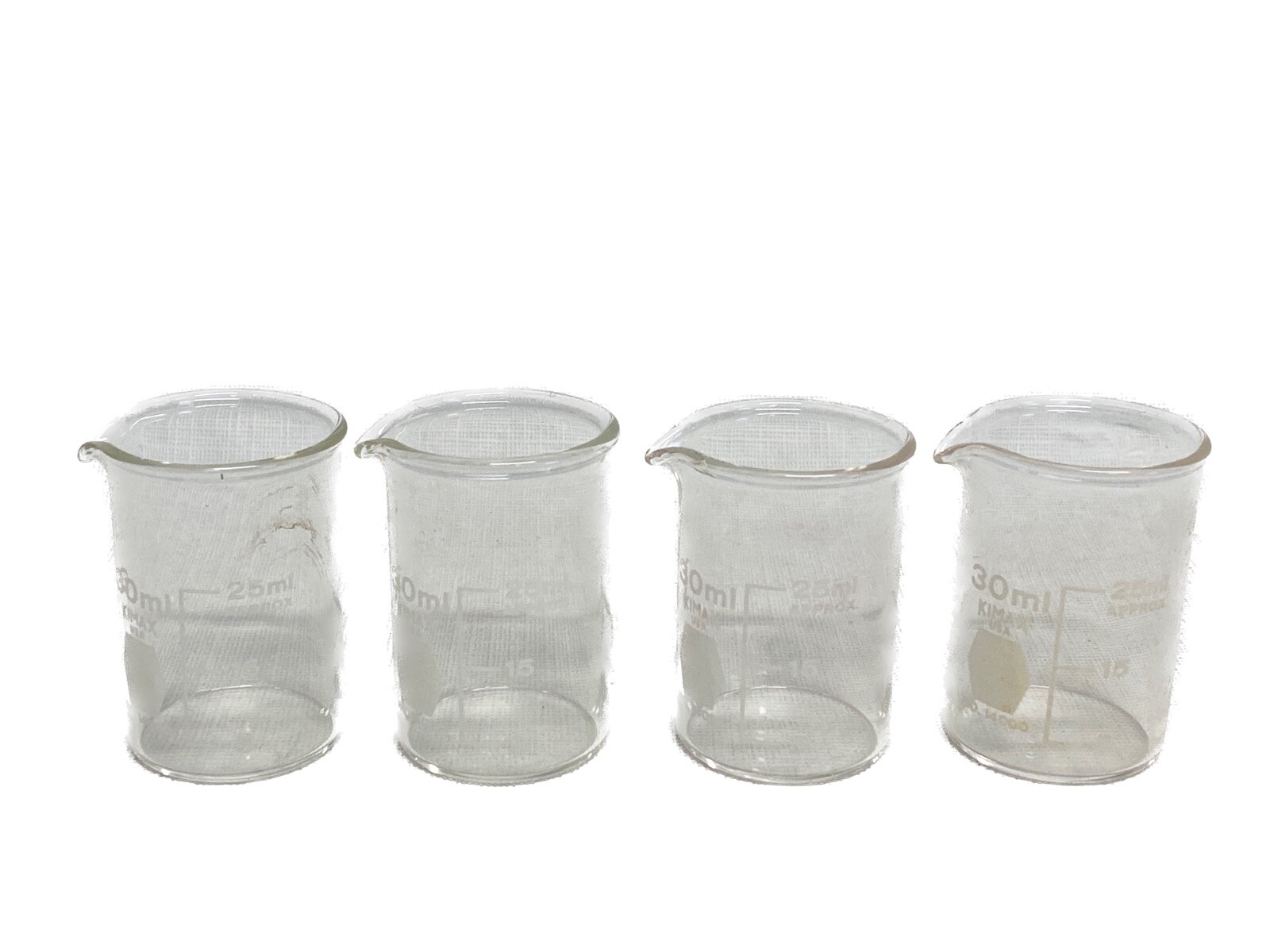 (4) DWK KIMAX Glass 30mL Low Form Graduated Griffin Beaker Pour Spout 14000-30 B