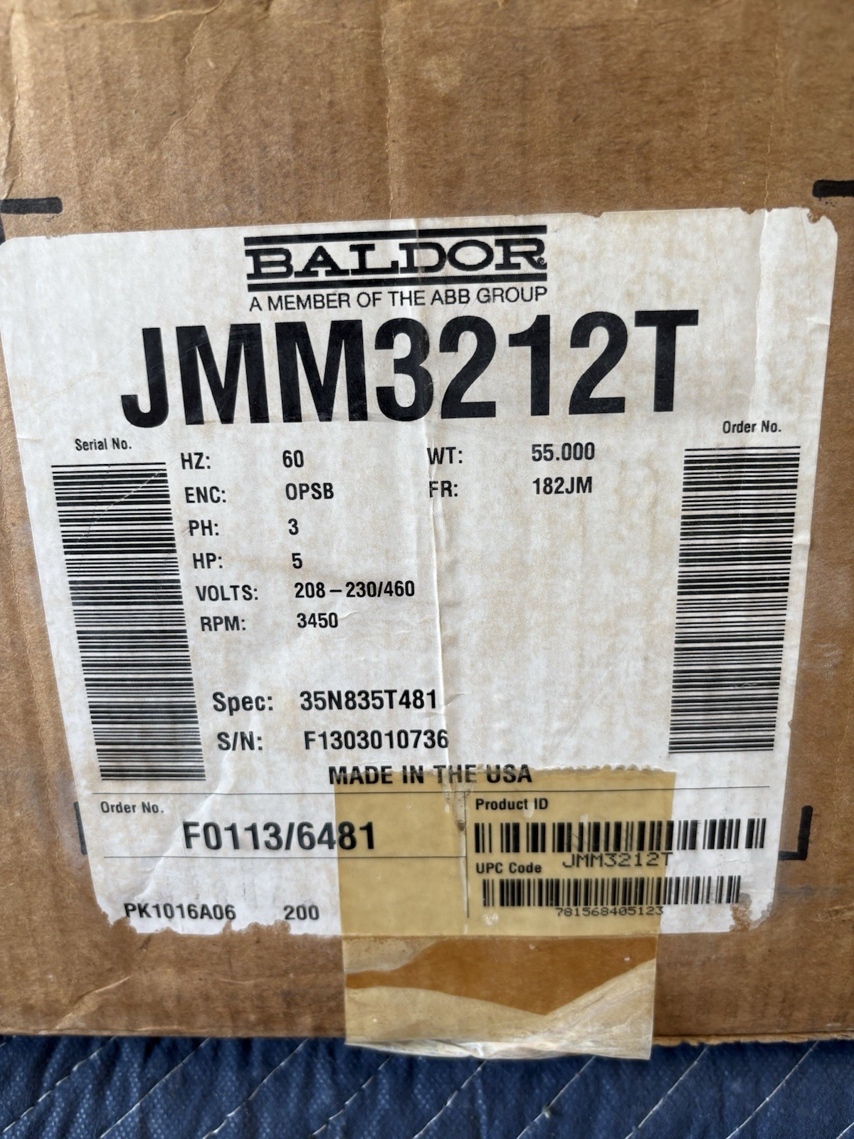 Baldor Reliance Industrial Motor 5HP, 208-230/460 Volts, 3450 RPM, 13-12.2/6.1 A